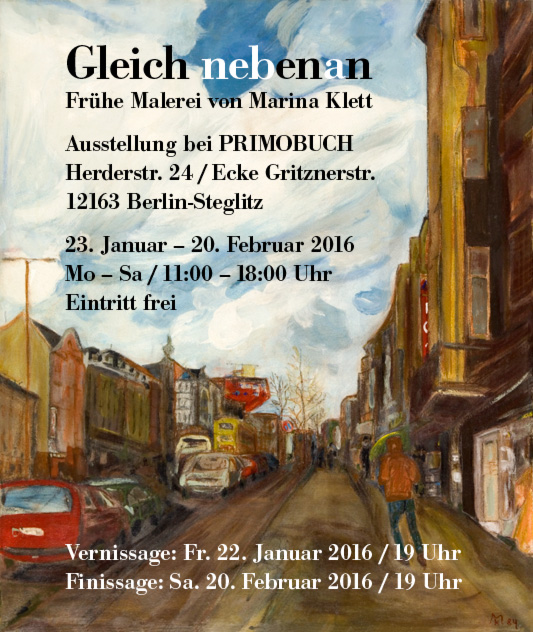 Flyer zur Ausstellung von Marina Klett, 2016, bei Primobuch, Berlin-Steglitz