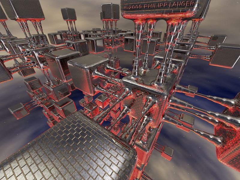 Raummodule, rote Sonne reflektierend / Space Modules Reflecting Red Sun / 2009